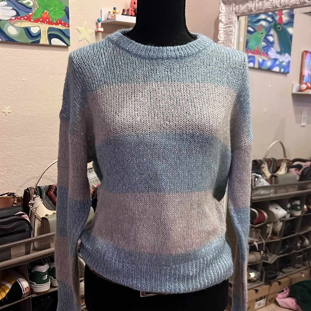Guess Teal and Grey Lined Shimmer Sweater